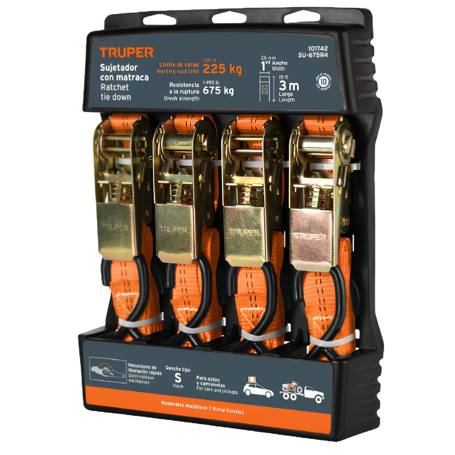 JUEGO DE 4 FAJAS RATCHET DE 1" X 3MTRS TRUPER